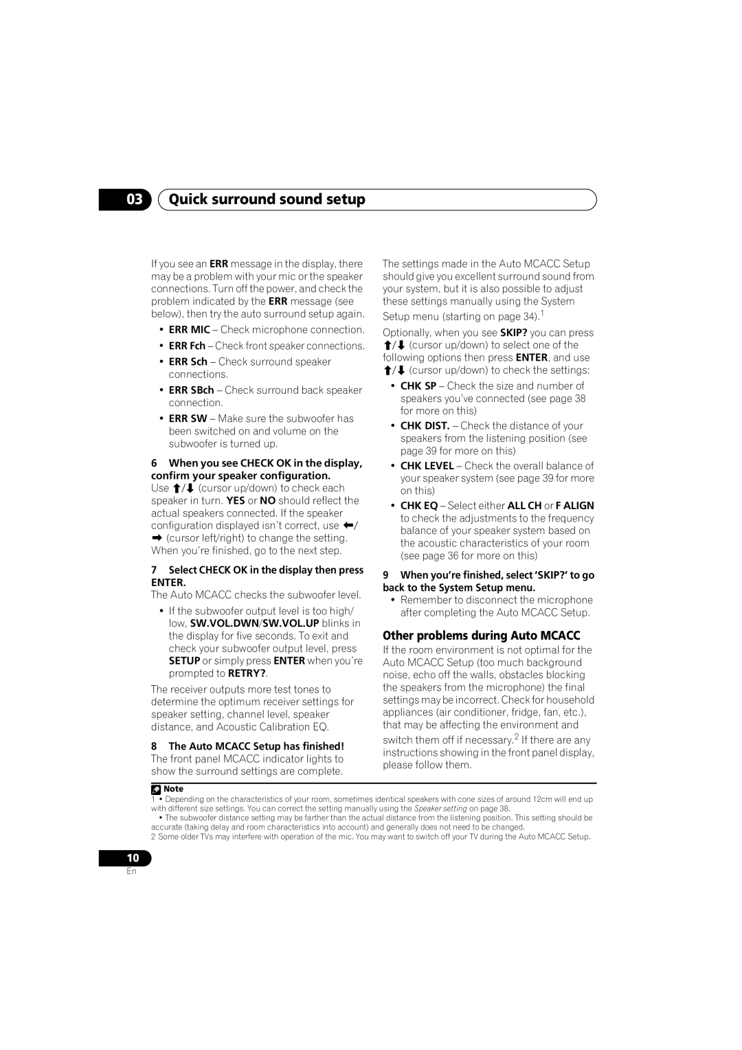 Pioneer VSX-516-S/-K operating instructions Quick surround sound setup, Other problems during Auto Mcacc, Enter 