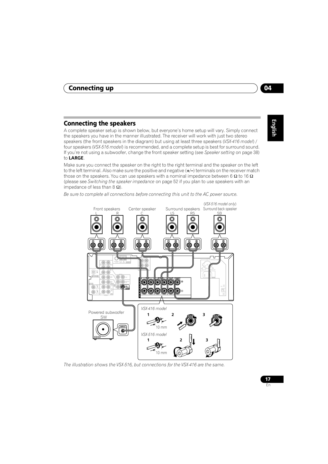 Pioneer VSX-516-S/-K operating instructions Connecting up Connecting the speakers, English Deutsch Français Italiano 