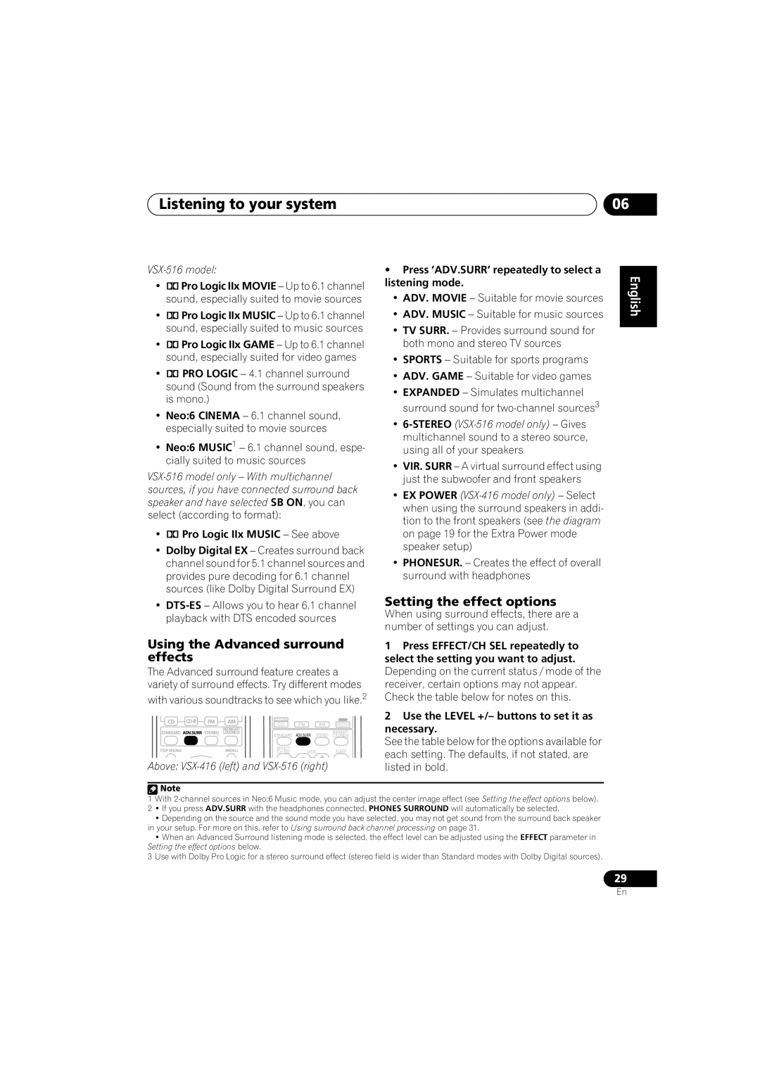 Pioneer VSX-516-S/-K Listening to your system, Using the Advanced surround effects, Setting the effect options 