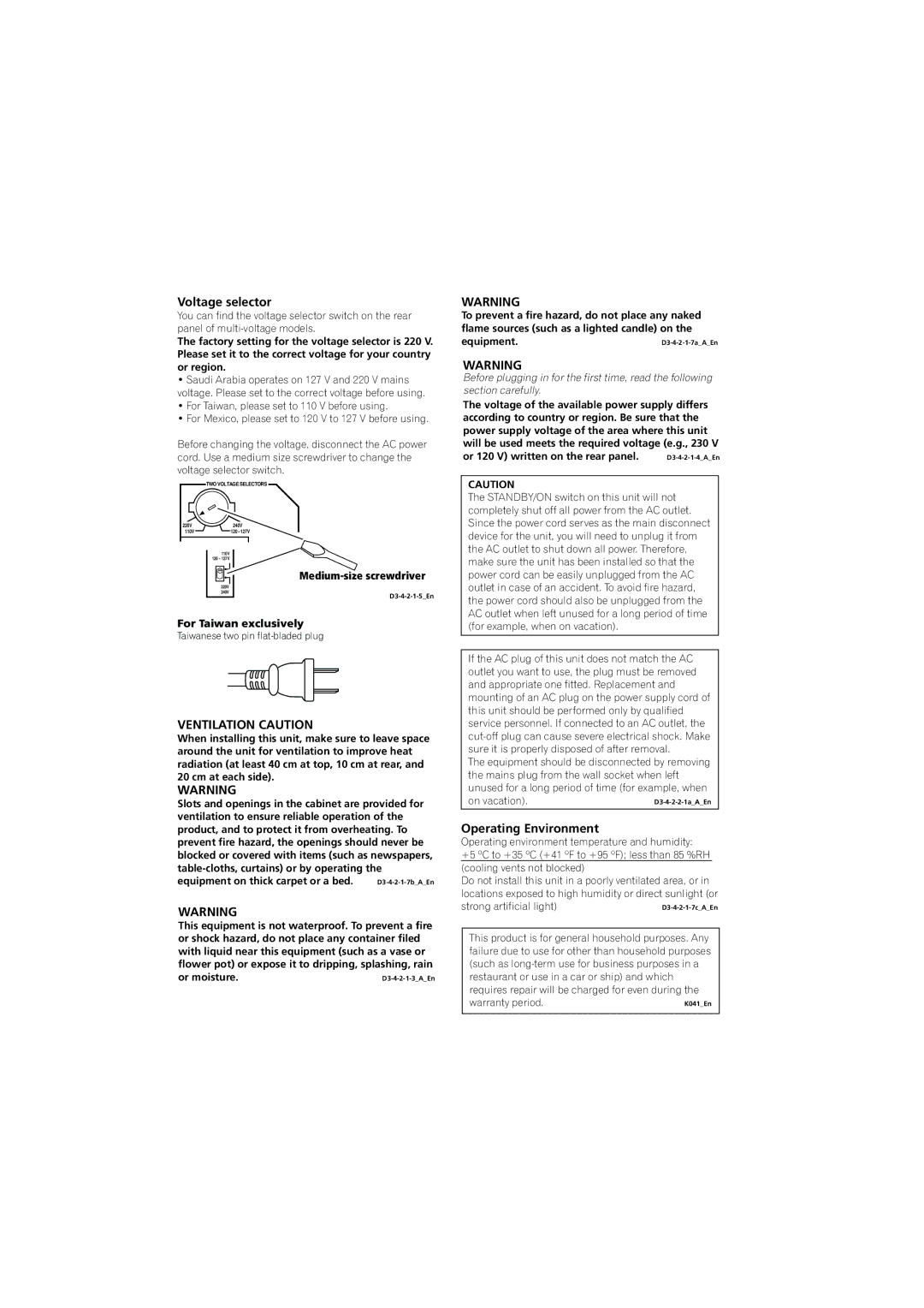 Pioneer VSX-516-S/-K operating instructions Voltage selector, Ventilation Caution, Operating Environment 