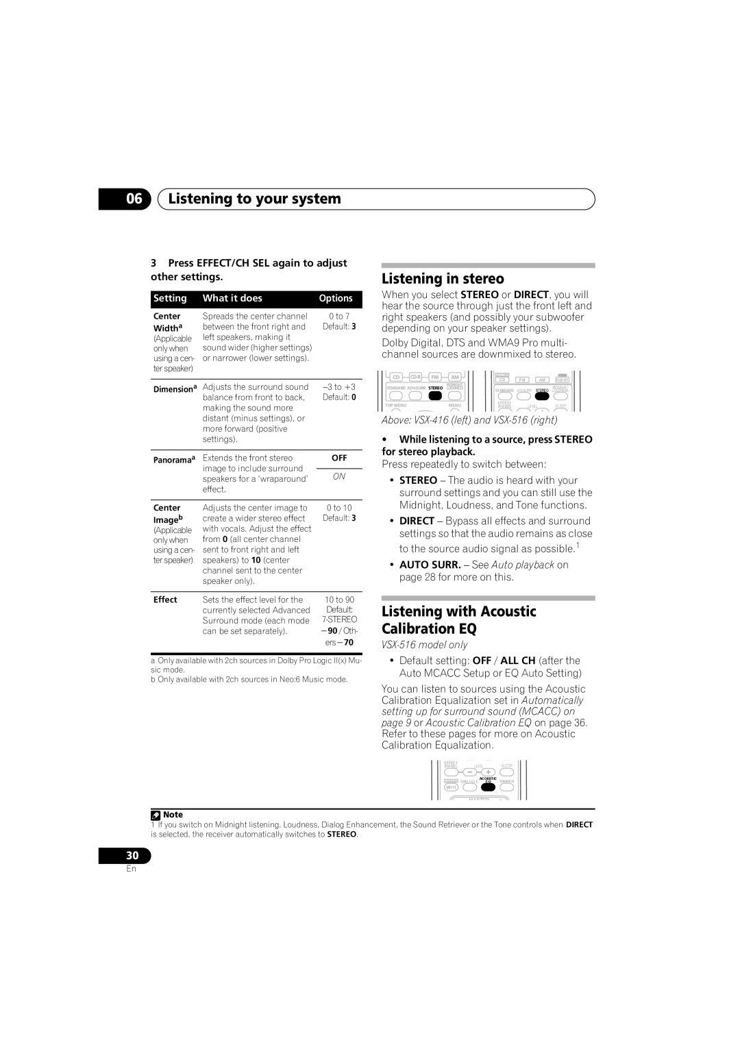 Pioneer VSX-516-S/-K Listening in stereo, Press EFFECT/CH SEL again to adjust other settings, For stereo playback 