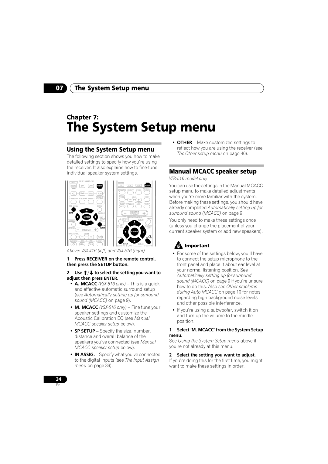 Pioneer VSX-516-S/-K System Setup menu Chapter, Using the System Setup menu, Manual Mcacc speaker setup 