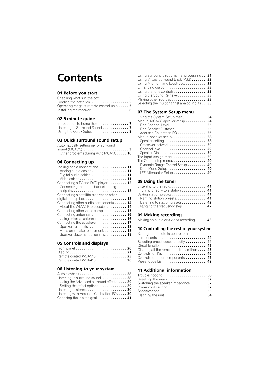 Pioneer VSX-516-S/-K operating instructions Contents 