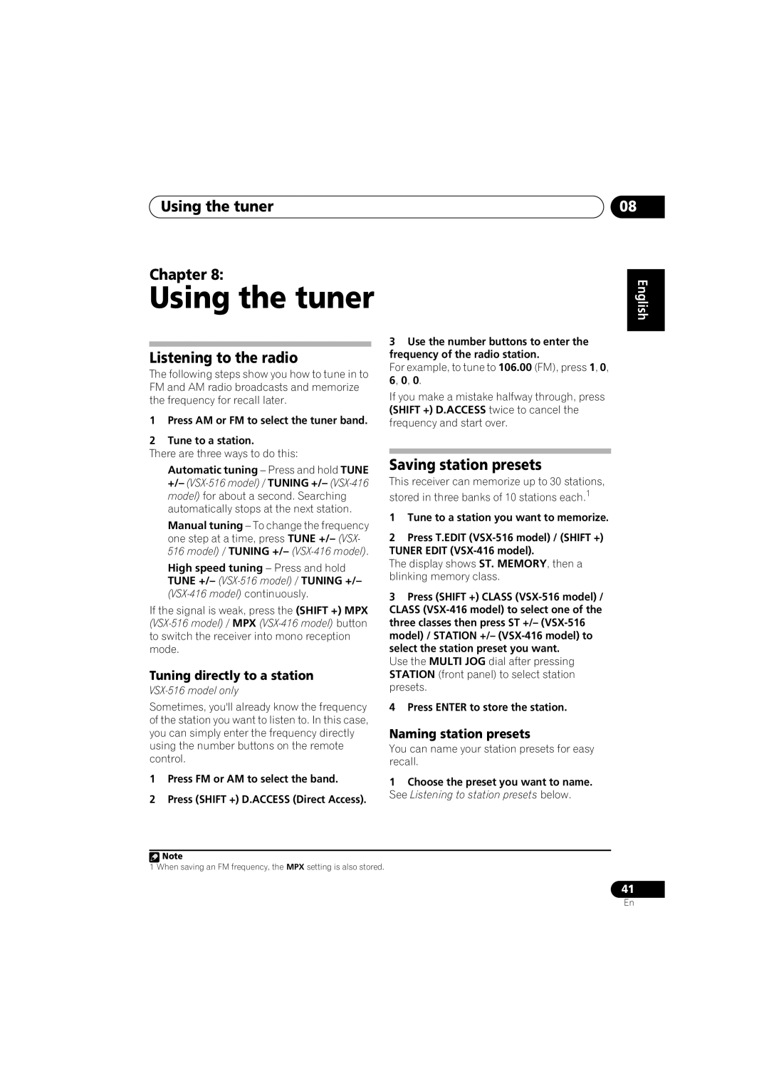 Pioneer VSX-516-S/-K operating instructions Using the tuner Chapter, Listening to the radio, Saving station presets 