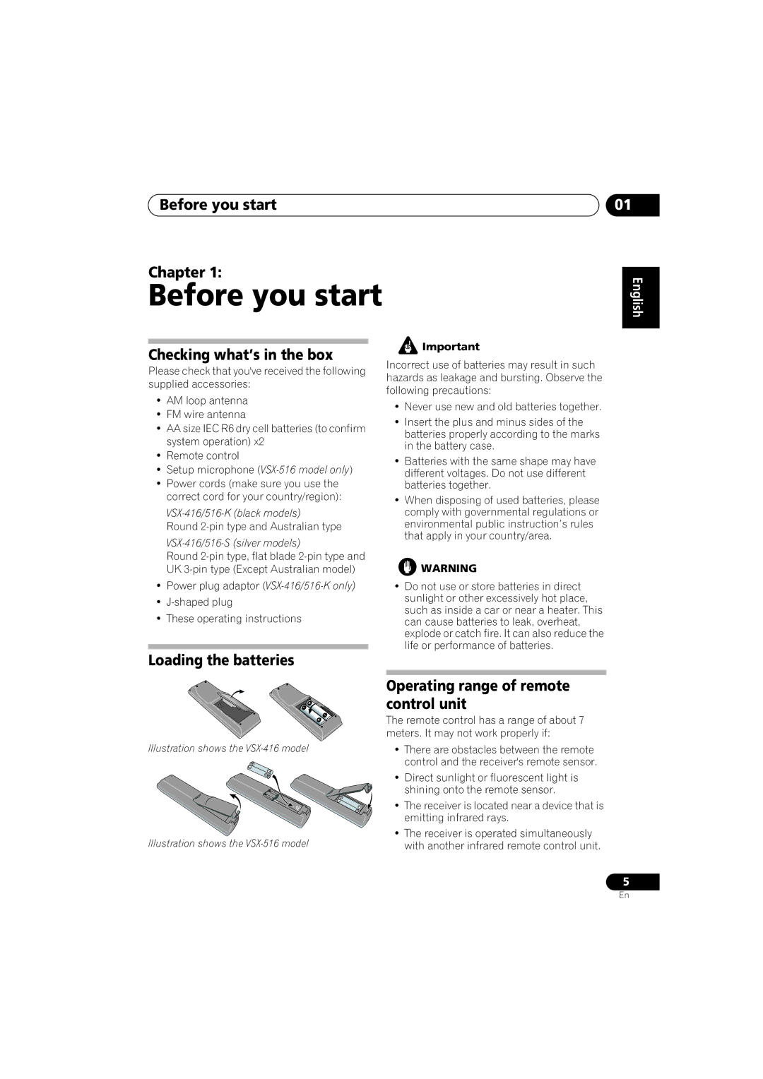 Pioneer VSX-516-S/-K operating instructions Before you start Chapter, Checking what’s in the box, Loading the batteries 