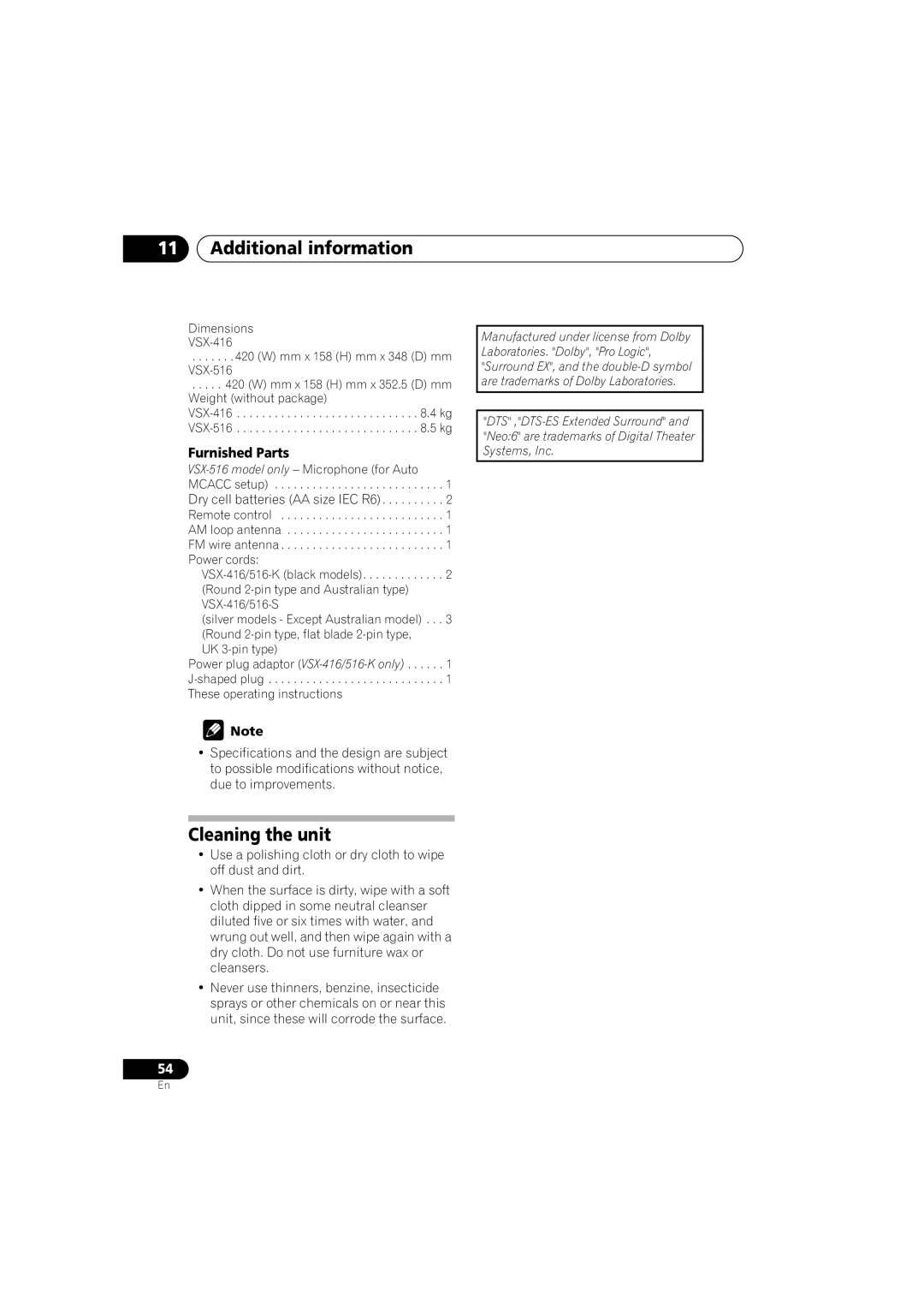 Pioneer VSX-516-S/-K operating instructions Cleaning the unit, Furnished Parts 