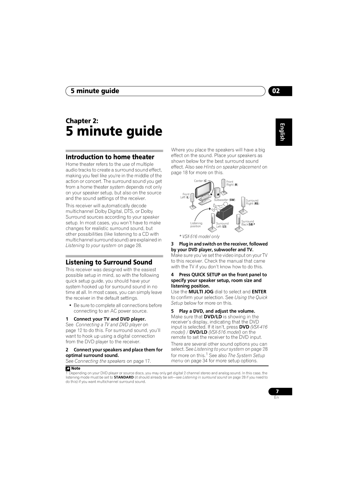 Pioneer VSX-516-S/-K Minute guide Chapter, Introduction to home theater, Listening to Surround Sound 