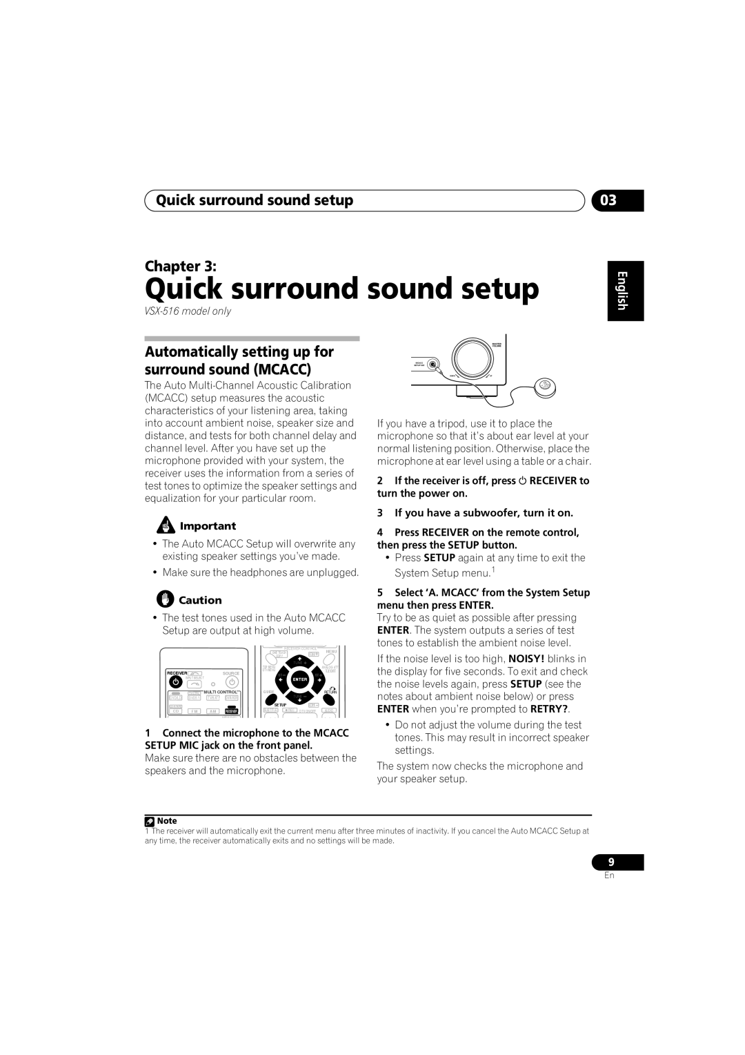 Pioneer VSX-516-S/-K operating instructions Quick surround sound setup Chapter, Connect the microphone to the Mcacc 