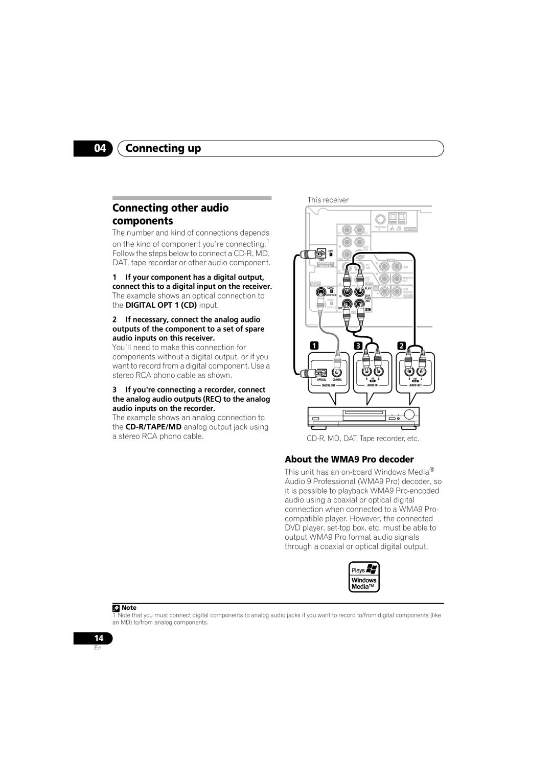 Pioneer VSX-516-S/-K operating instructions 04Connecting up, Connecting other audio components, About the WMA9 Pro decoder 