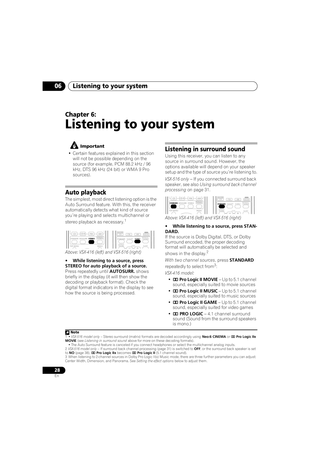 Pioneer VSX-516-S/-K 06Listening to your system Chapter, Auto playback, Listening in surround sound, VSX-416model 