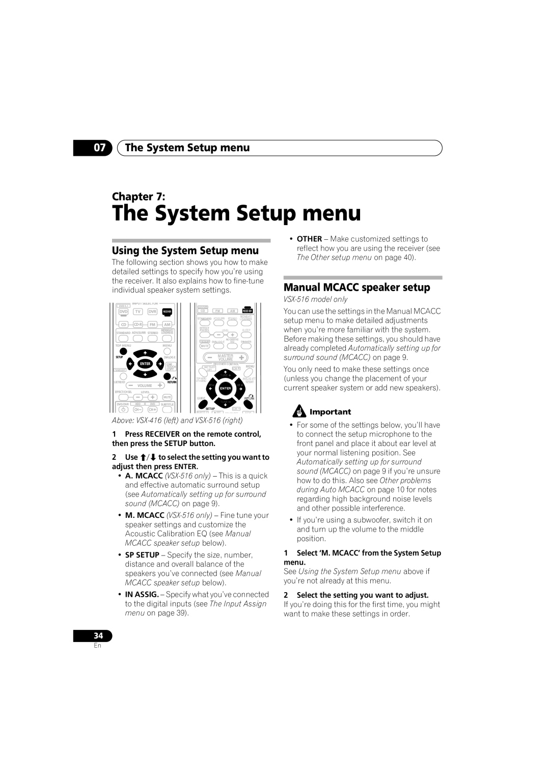 Pioneer VSX-516-S/-K 07The System Setup menu Chapter, Using the System Setup menu, Manual MCACC speaker setup 