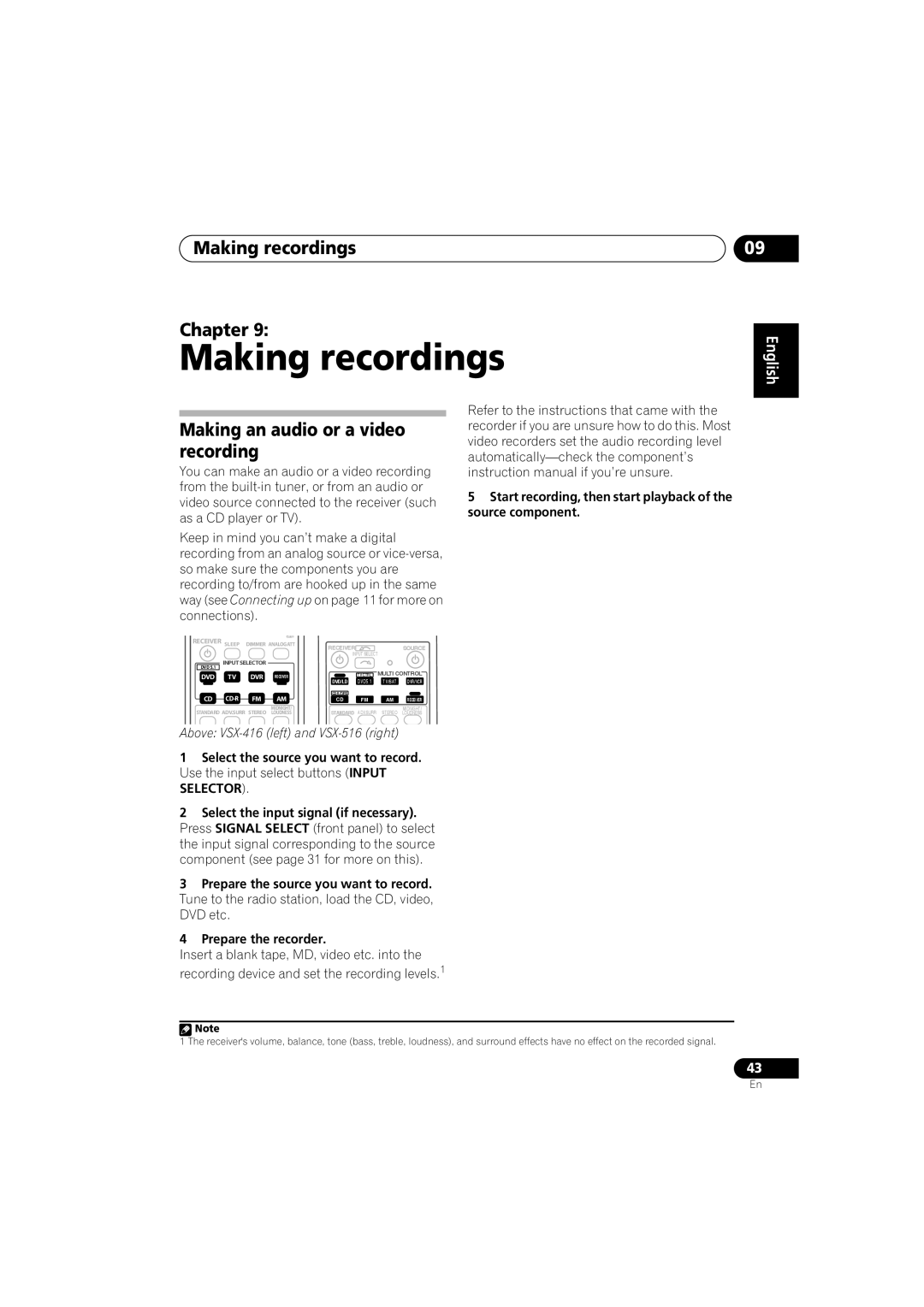 Pioneer VSX-516-S/-K operating instructions Making recordings Chapter, Making an audio or a video recording, English 