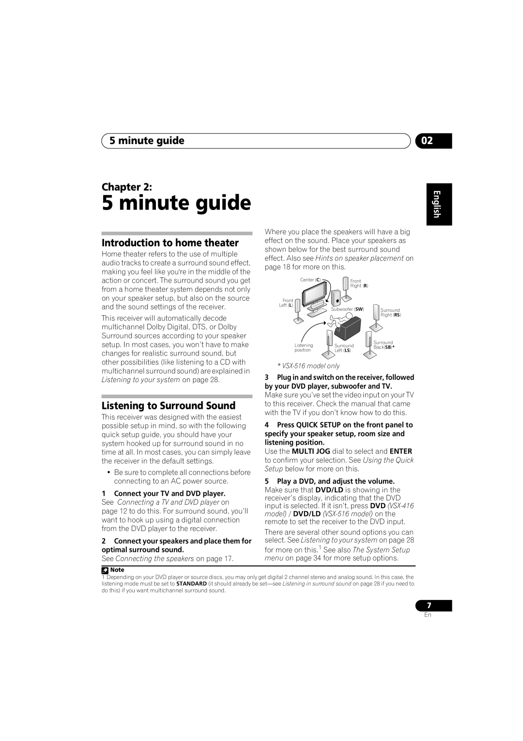 Pioneer VSX-516-S/-K minute guide Chapter, Introduction to home theater, Listening to Surround Sound, English 