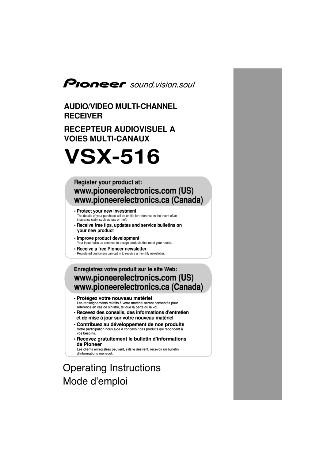 Pioneer VSX-516 operating instructions Operating Instructions Mode demploi, Audio/Video Multi-Channel Receiver 