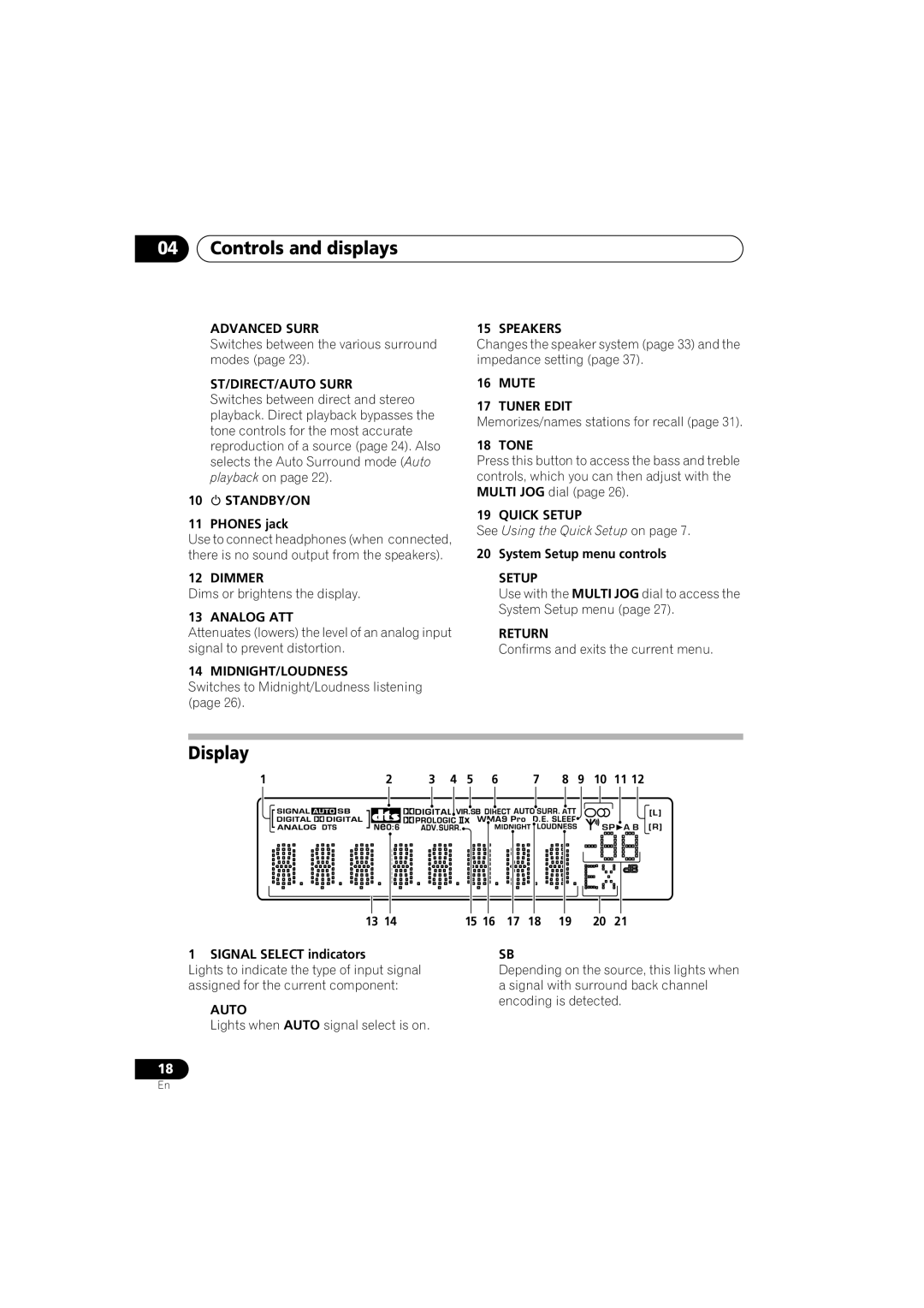 Pioneer VSX-516 operating instructions 04Controls and displays, Display, See Using the Quick Setup on page 