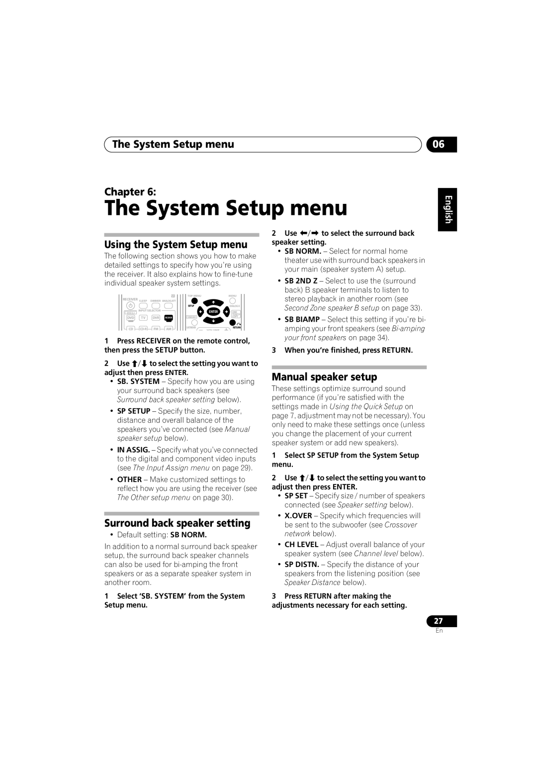 Pioneer VSX-516 The System Setup menu Chapter, Using the System Setup menu, Surround back speaker setting, English 