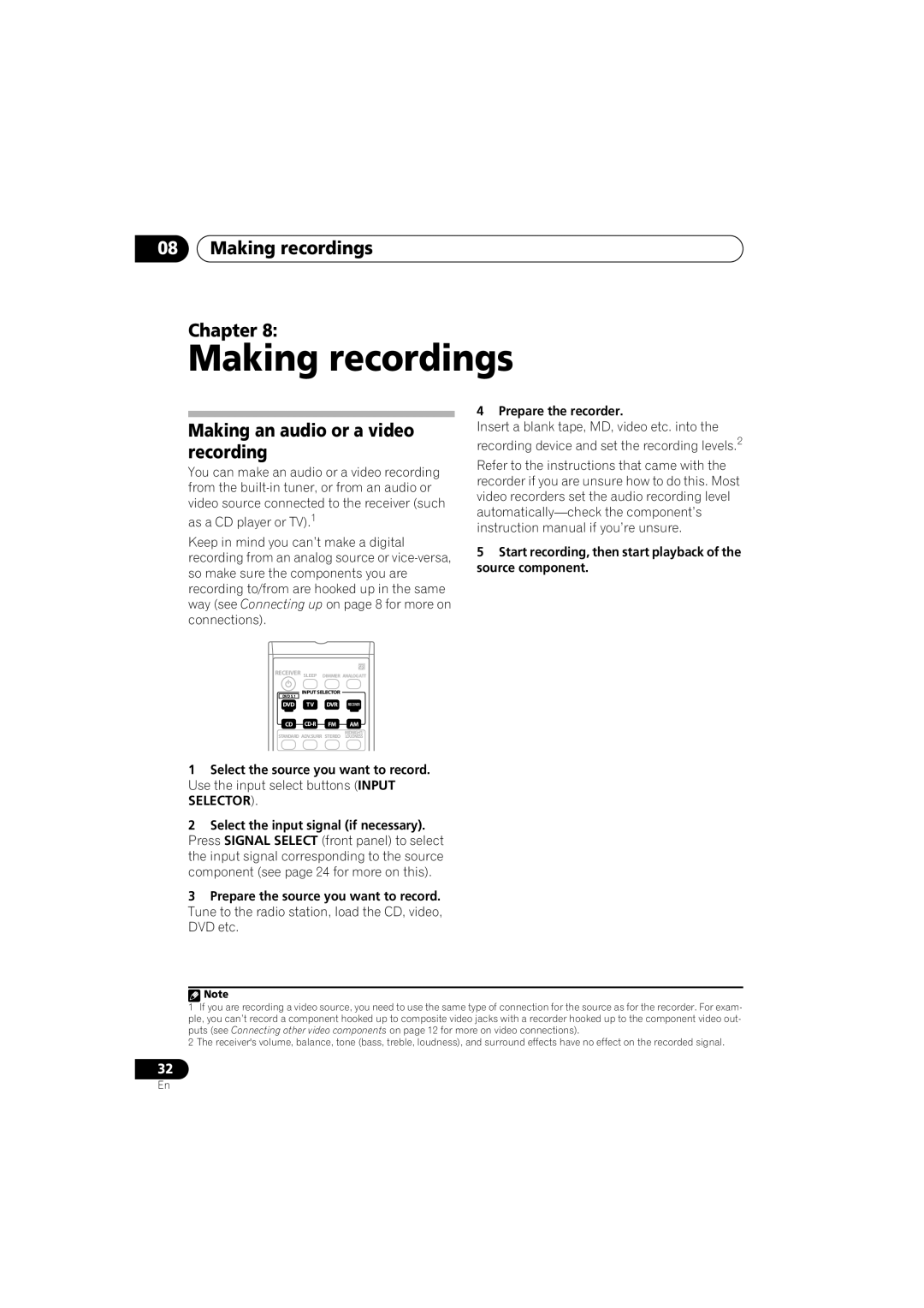Pioneer VSX-516 operating instructions 08Making recordings Chapter, Making an audio or a video recording 