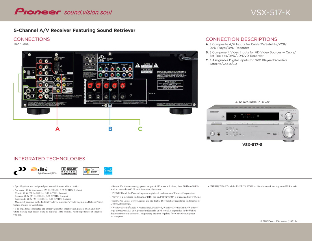 Pioneer VSX-517-K, VSX-517-S specifications Connections Connection Descriptions, Integrated Technologies 