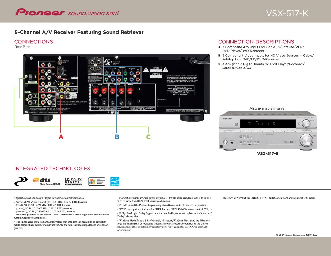 Pioneer VSX-517-K Connections, Connection Descriptions, Integrated Technologies, Ab C, VSX-517-S, Also available in silver 