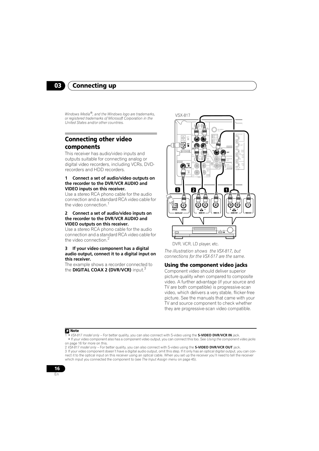 Pioneer VSX-517-S/-K manual Connecting other video components, Using the component video jacks 