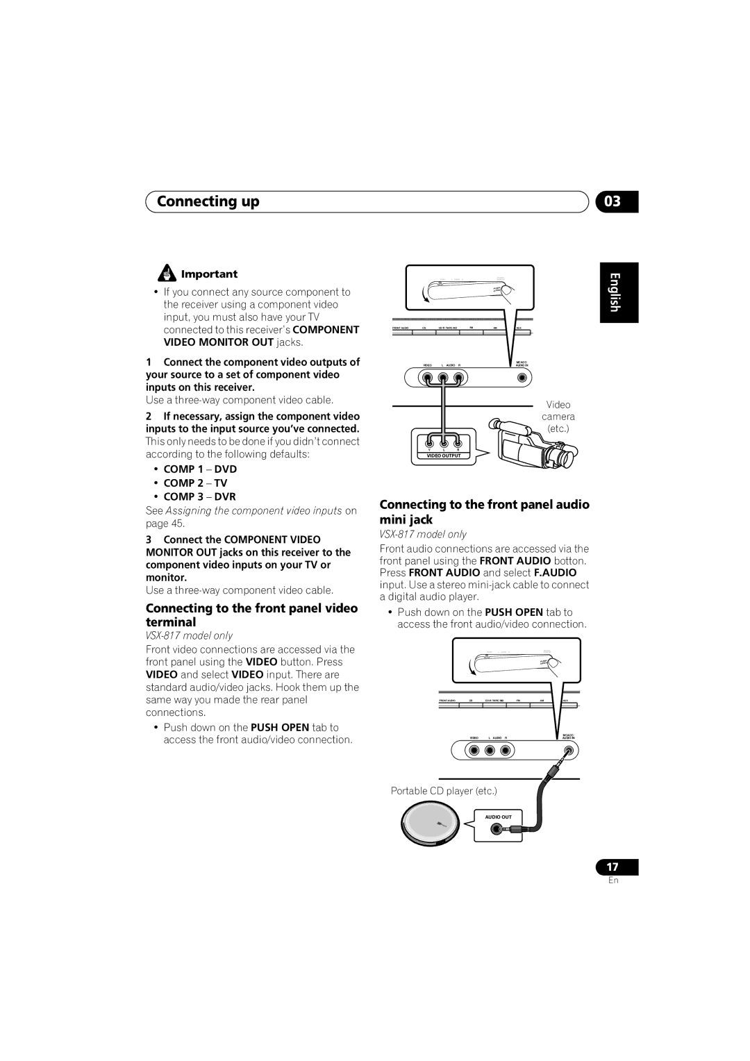 Pioneer VSX-517-S/-K manual Connecting to the front panel video terminal, Connecting to the front panel audio mini jack 