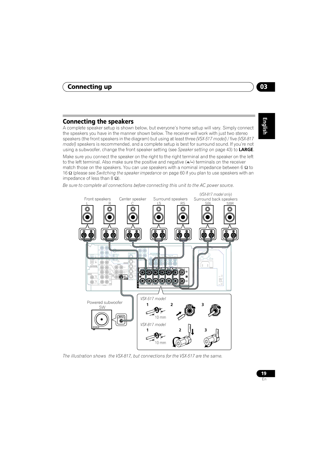 Pioneer VSX-517-S/-K manual Connecting up Connecting the speakers, Nederlands Español 