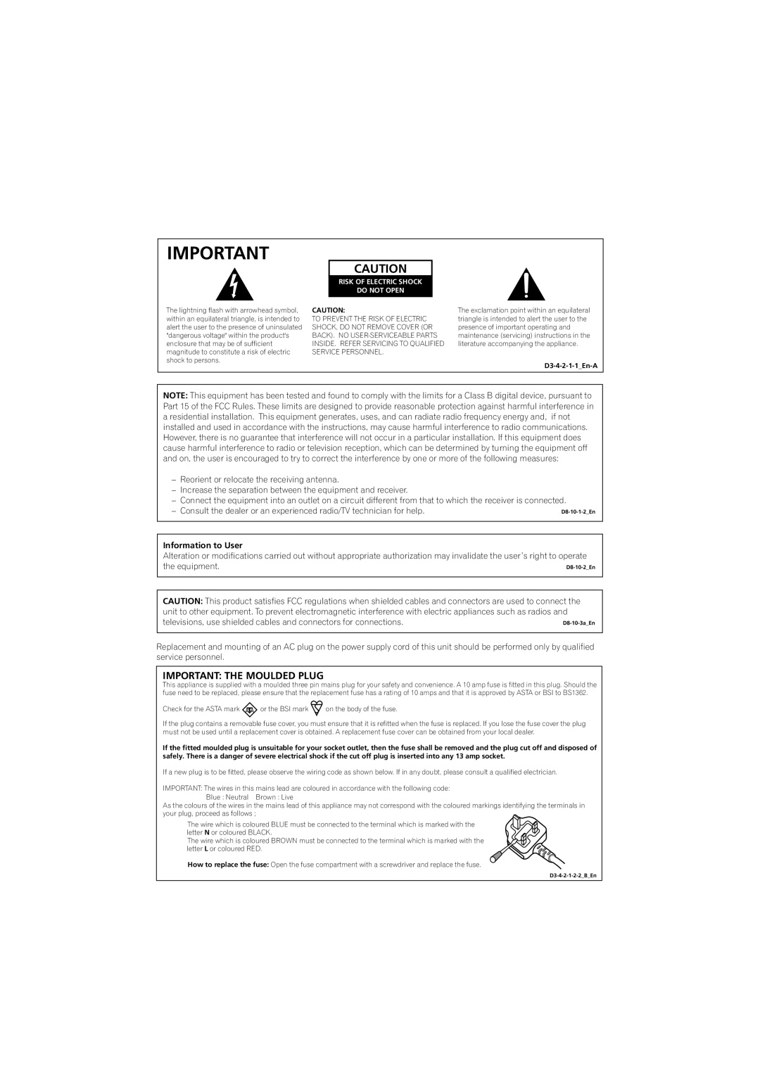 Pioneer VSX-517-S/-K manual Important the Moulded Plug, Risk of Electric Shock Do not Open 