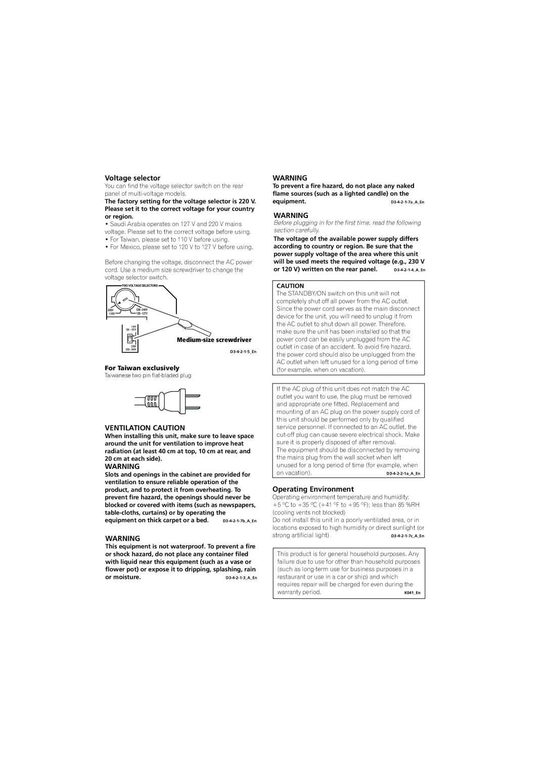 Pioneer VSX-517-S/-K manual Voltage selector, Ventilation Caution, Operating Environment 