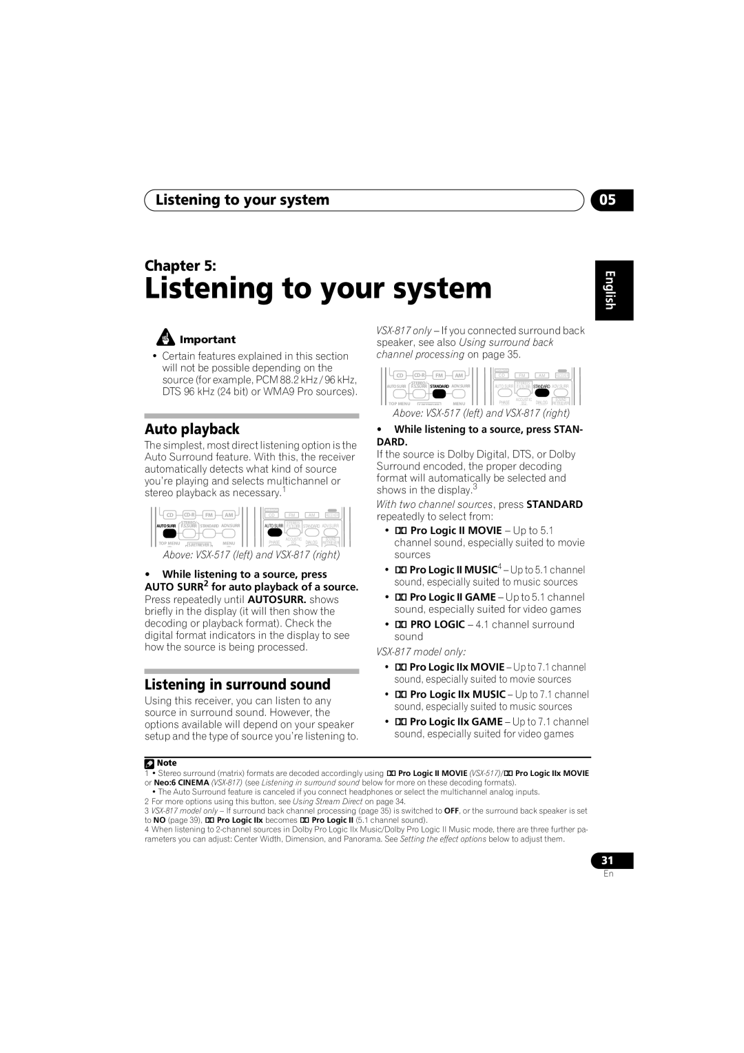 Pioneer VSX-517-S/-K manual Listening to your system Chapter, Auto playback, Listening in surround sound 