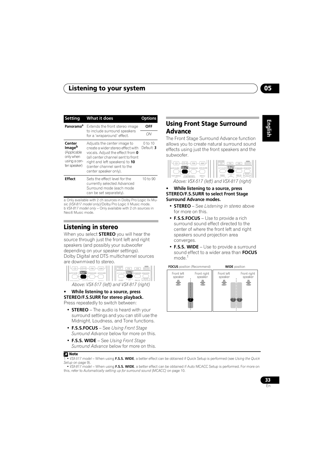 Pioneer VSX-517-S/-K manual Listening in stereo, Using Front Stage Surround Advance 