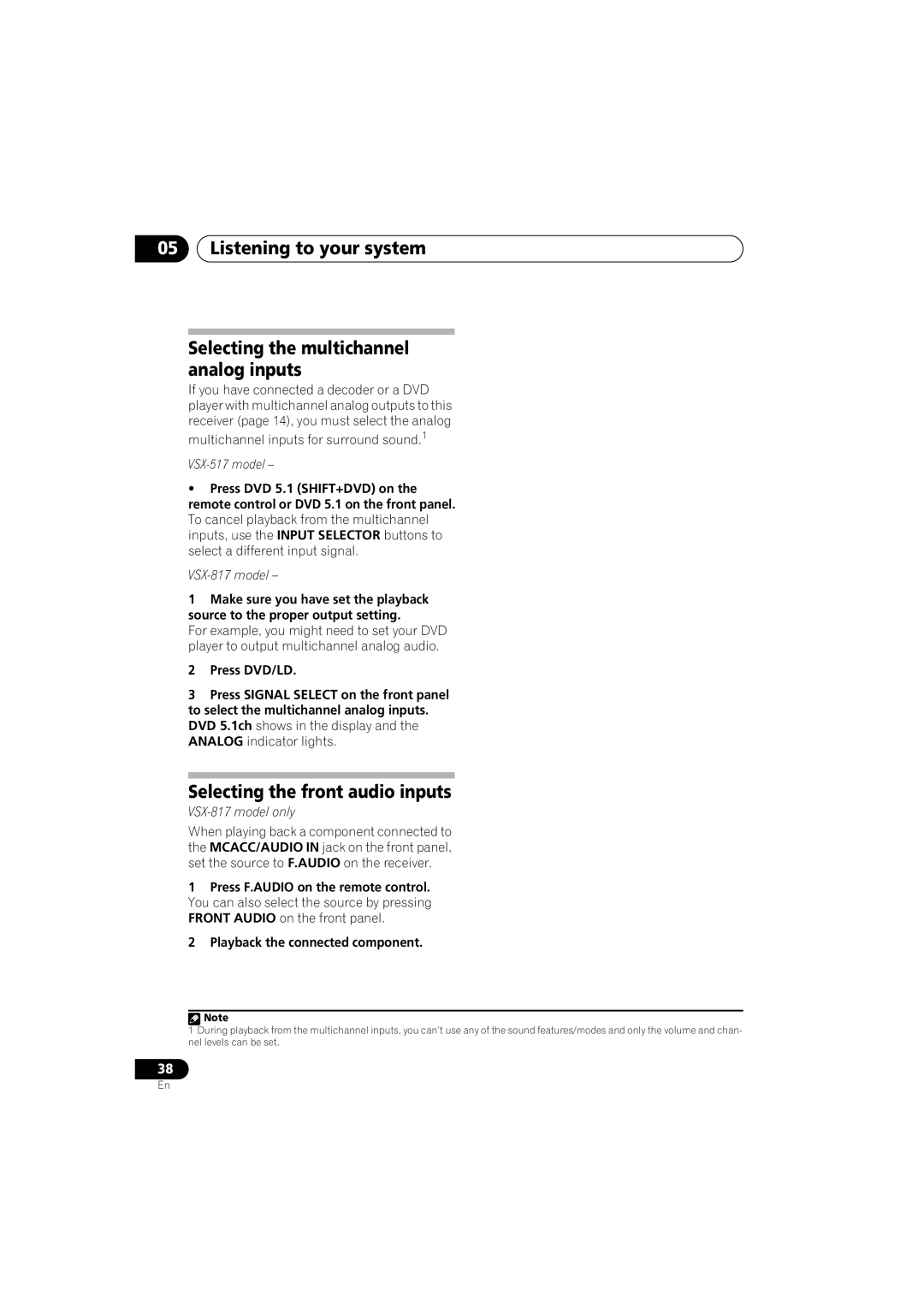 Pioneer VSX-517-S/-K manual Selecting the front audio inputs, Selecting the multichannel analog inputs 