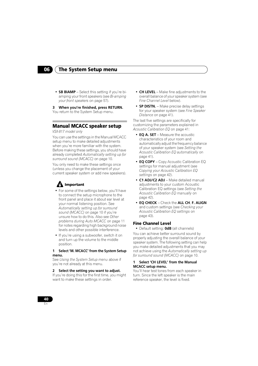 Pioneer VSX-517-S/-K manual System Setup menu, Manual Mcacc speaker setup, Fine Channel Level 