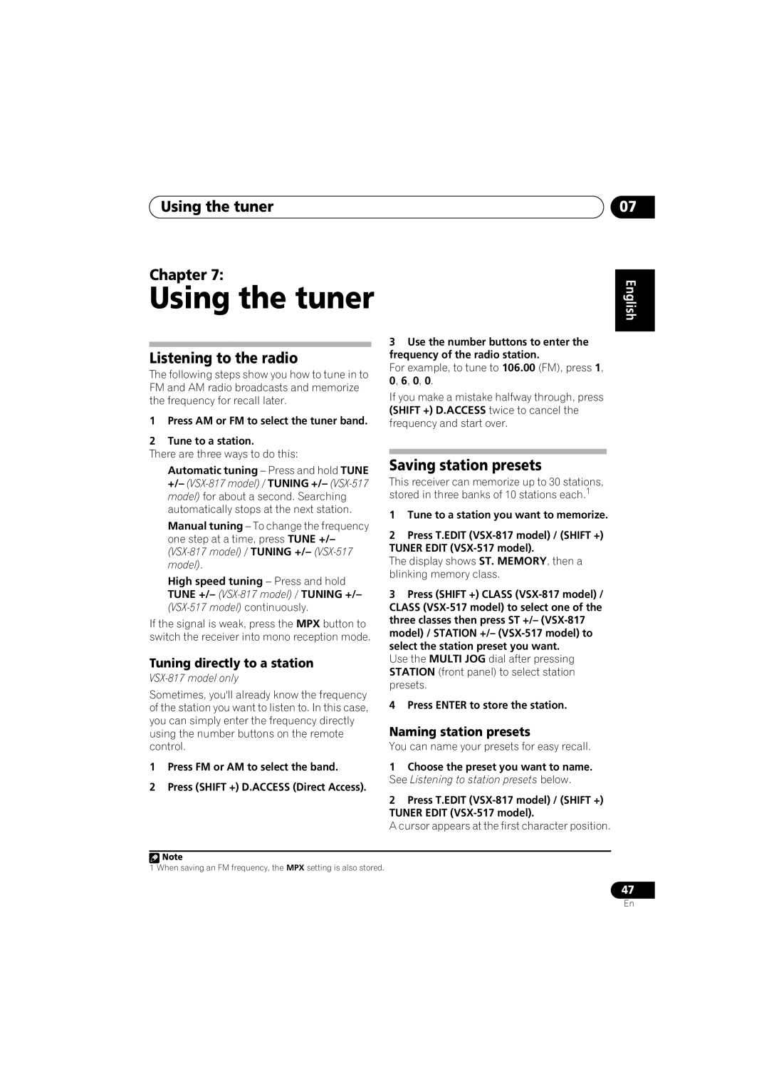 Pioneer VSX-517-S/-K manual Using the tuner Chapter, Listening to the radio, Saving station presets 