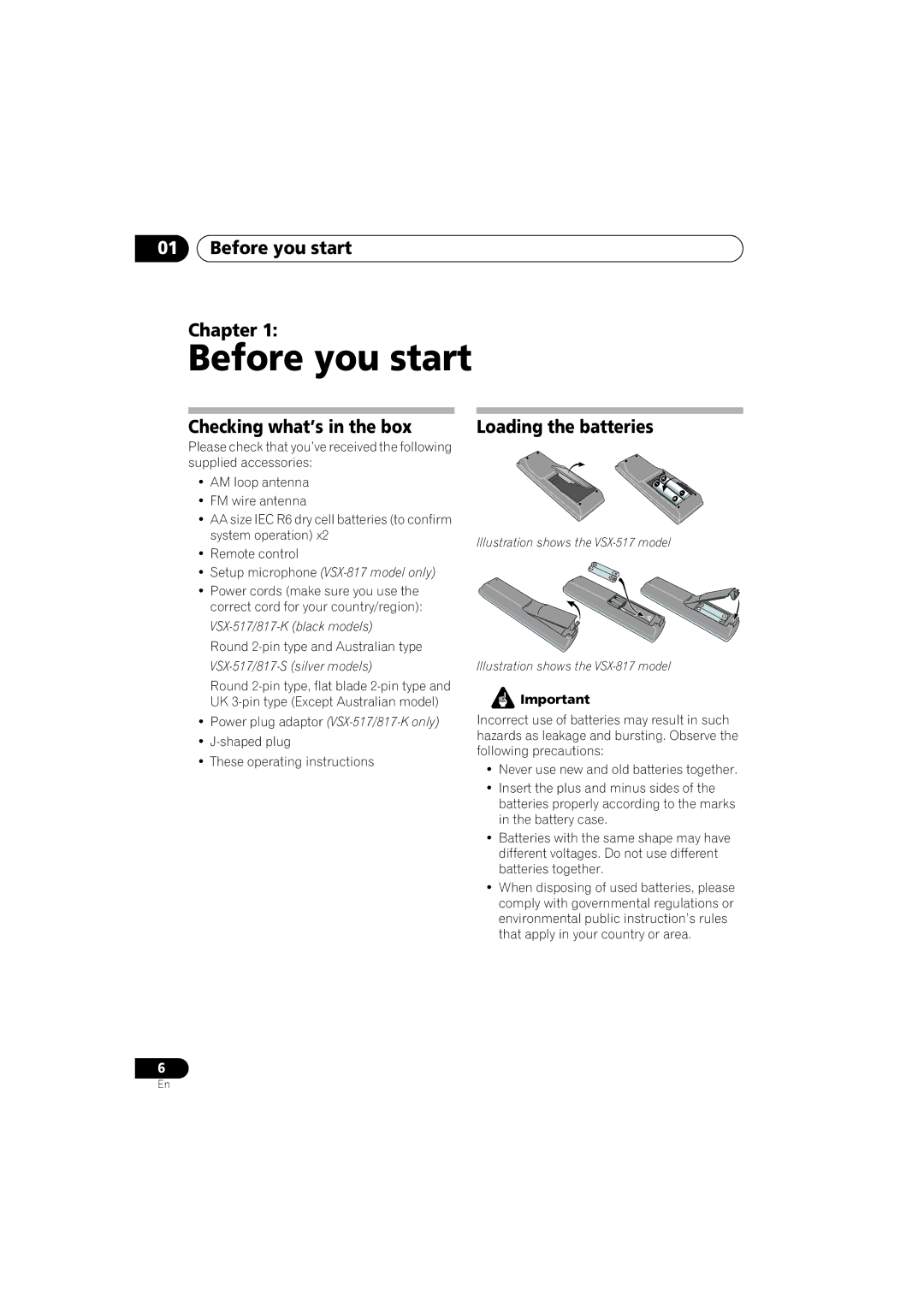 Pioneer VSX-517-S/-K manual Before you start Chapter, Checking what’s in the box Loading the batteries 