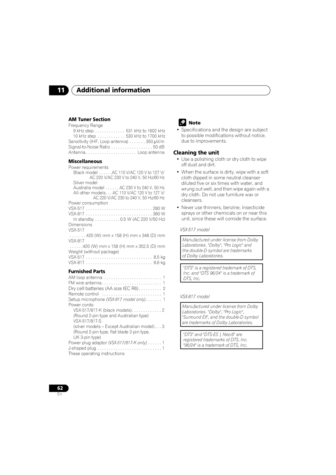 Pioneer VSX-517-S/-K manual Cleaning the unit, AM Tuner Section, Miscellaneous, Furnished Parts 