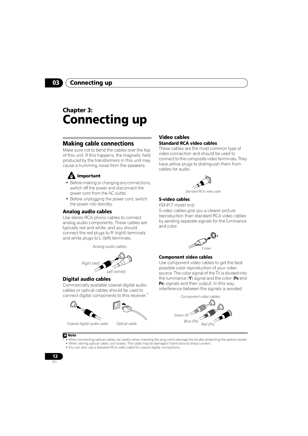 Pioneer VSX-517-S/-K manual 03Connecting up Chapter, Making cable connections, Video cables, Analog audio cables 