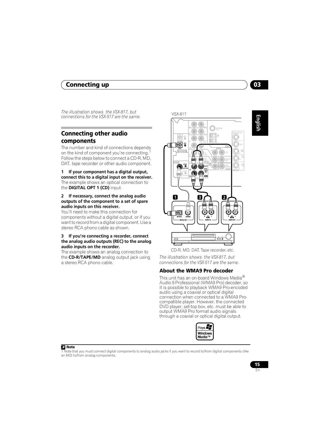 Pioneer VSX-517-S/-K manual Connecting up, Connecting other audio components, About the WMA9 Pro decoder 