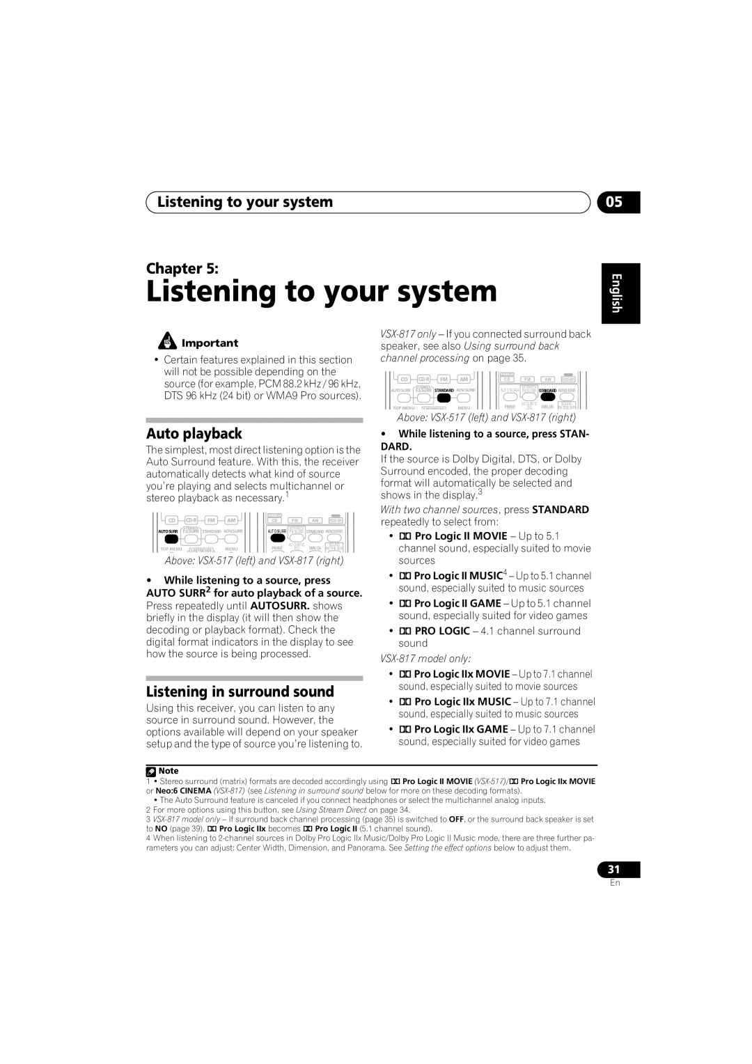 Pioneer VSX-517-S/-K Listening to your system Chapter, Auto playback, Listening in surround sound, Deutsch, English 