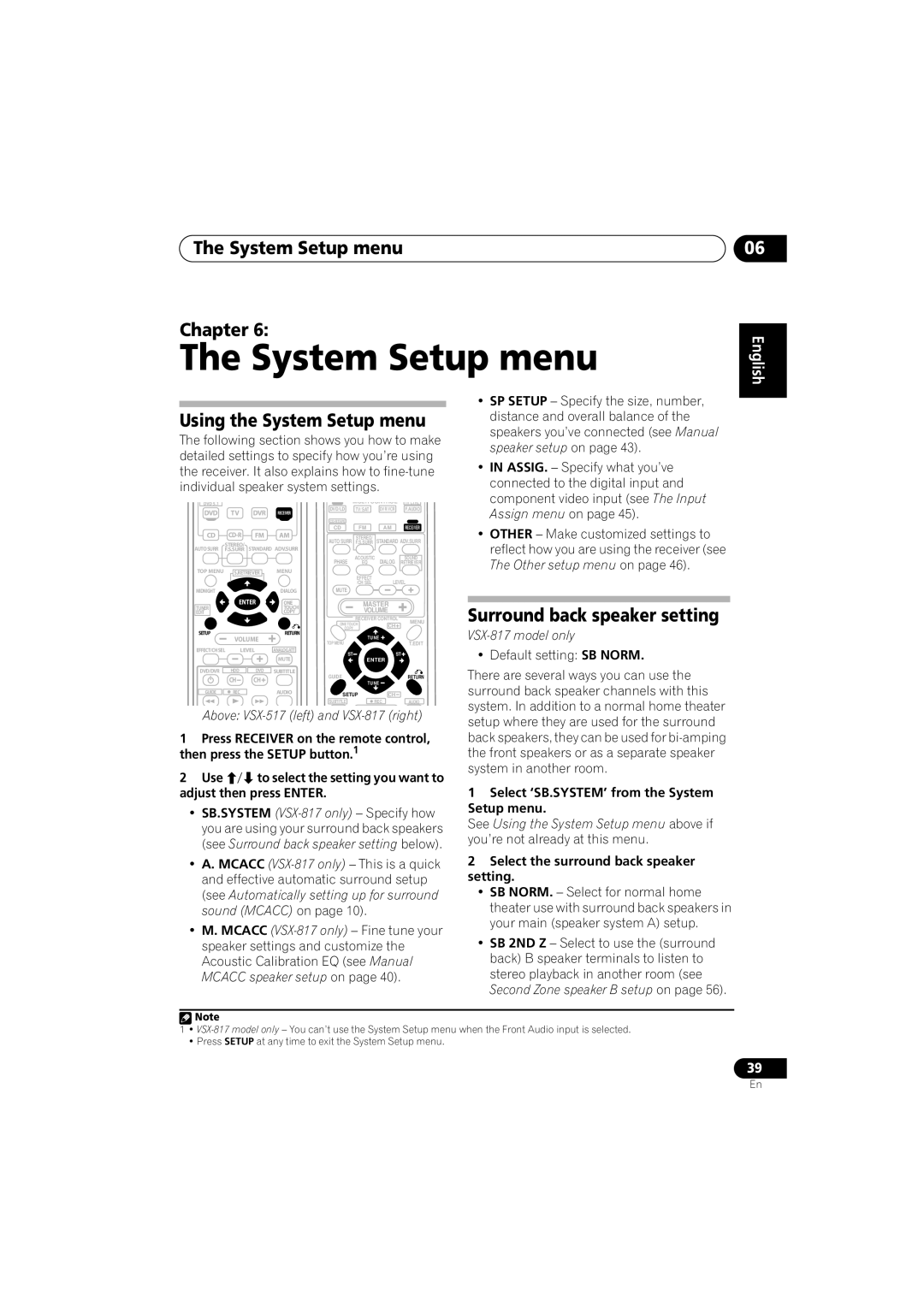 Pioneer VSX-517-S/-K manual The System Setup menu Chapter, Using the System Setup menu, Surround back speaker setting 
