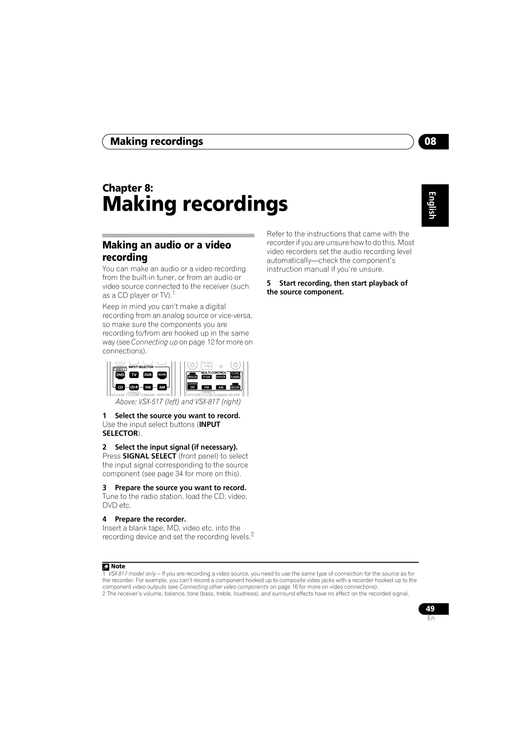 Pioneer VSX-517-S/-K manual Making recordings Chapter, Making an audio or a video recording, English 