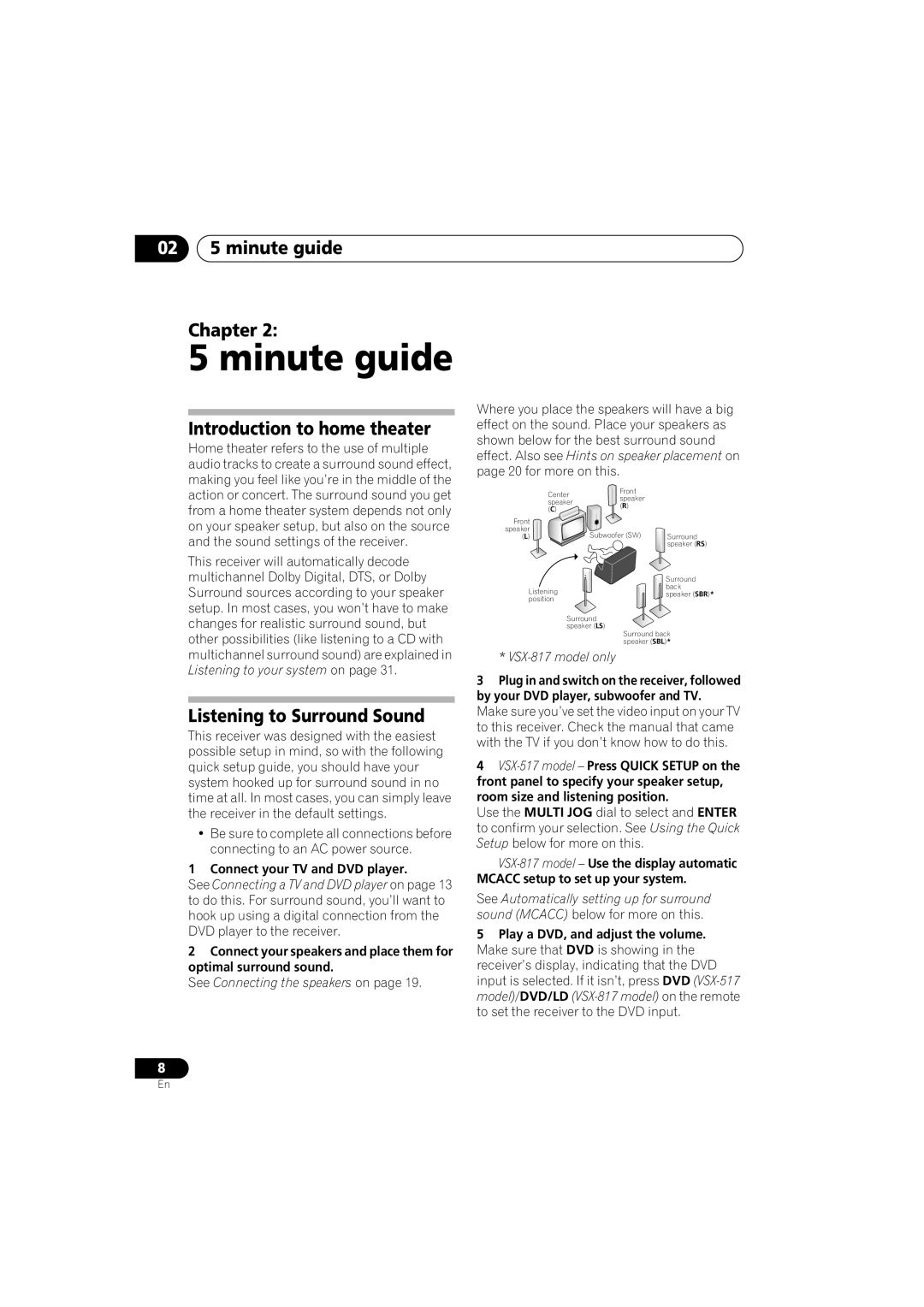 Pioneer VSX-517-S/-K manual minute guide Chapter, Introduction to home theater, Listening to Surround Sound 