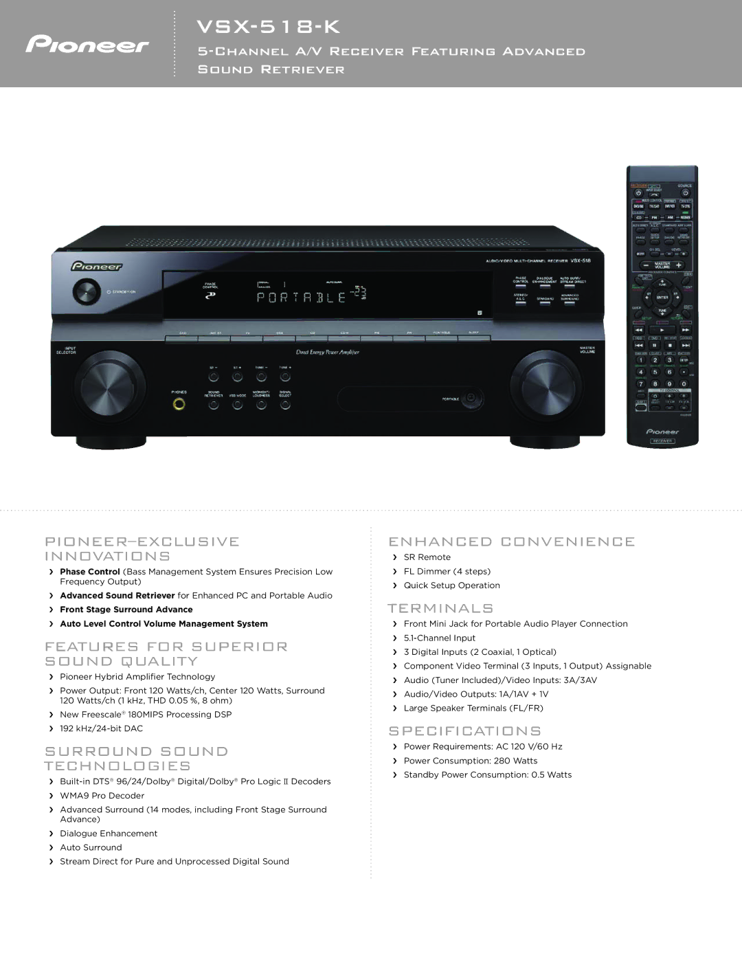 Pioneer VSX-518-K specifications 