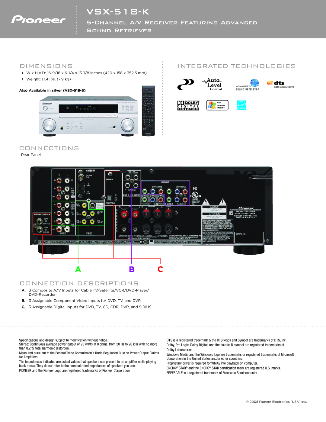 Pioneer VSX-518-K specifications Dimensions Integrated Technologies, Connections, Connection Descriptions 