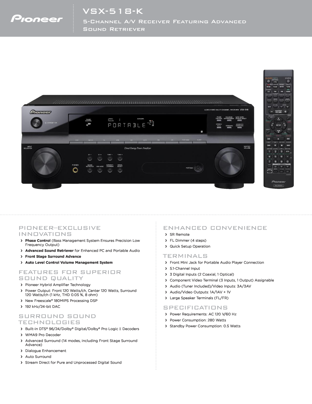 Pioneer VSX-518-K specifications Pioneer-Exclusive Innovations, Features For Superior Sound Quality, Enhanced Convenience 
