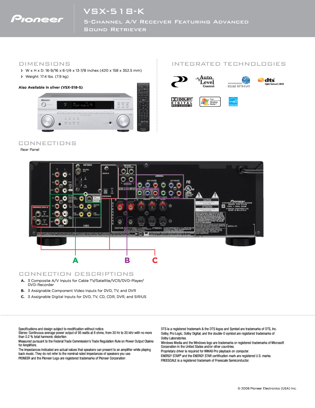 Pioneer VSX-518-K specifications Dimensions, Integrated Technologies, Connections, Connection Descriptions, A B C 