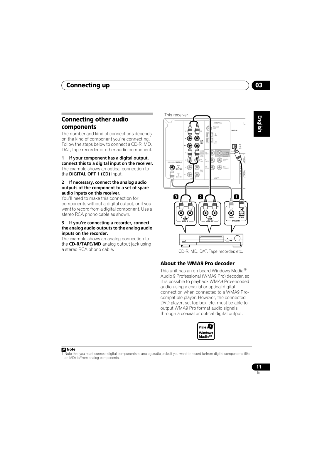 Pioneer VSX-518 manual Connecting up Connecting other audio components, About the WMA9 Pro decoder 