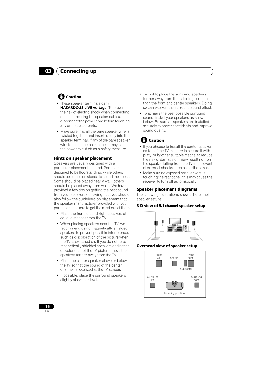 Pioneer VSX-518 manual Hints on speaker placement, Speaker placement diagrams 