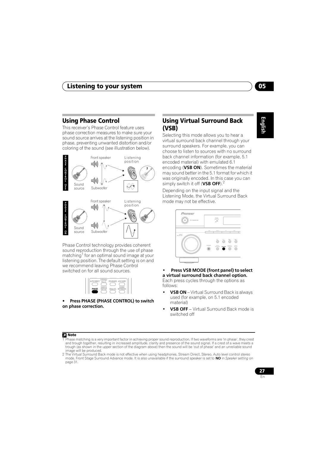 Pioneer VSX-518 manual Listening to your system Using Phase Control, Using Virtual Surround Back 