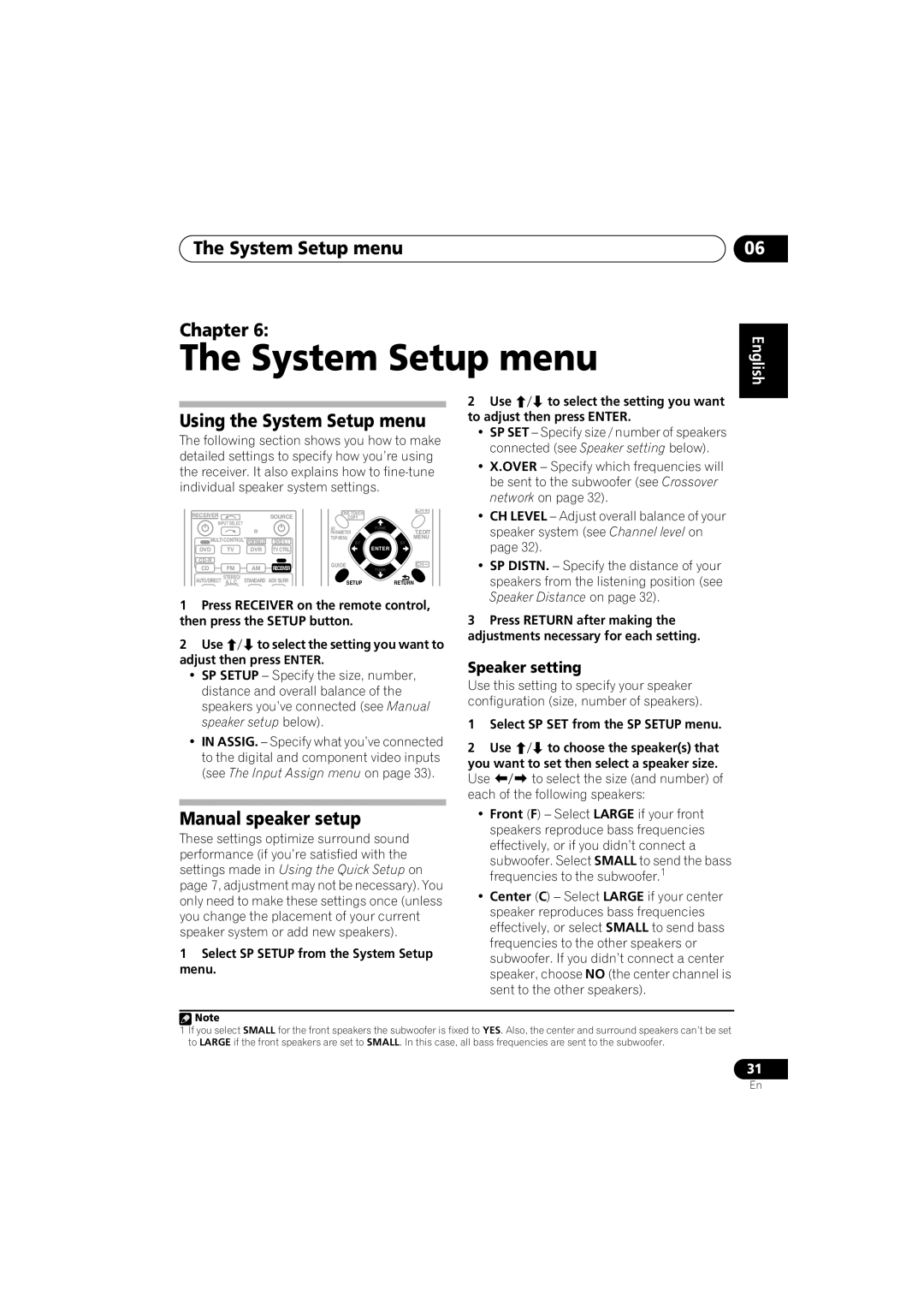 Pioneer VSX-518 manual System Setup menu Chapter, Using the System Setup menu, Manual speaker setup, Speaker setting 