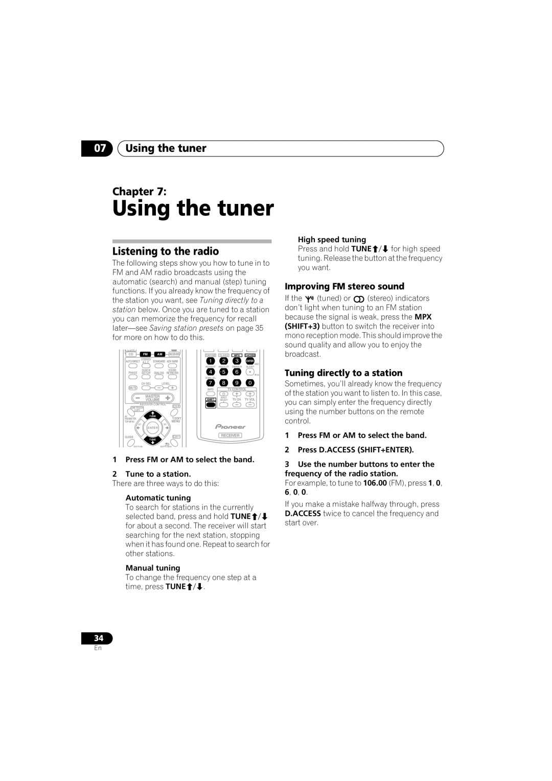 Pioneer VSX-518 manual Using the tuner Chapter, Listening to the radio, Improving FM stereo sound 